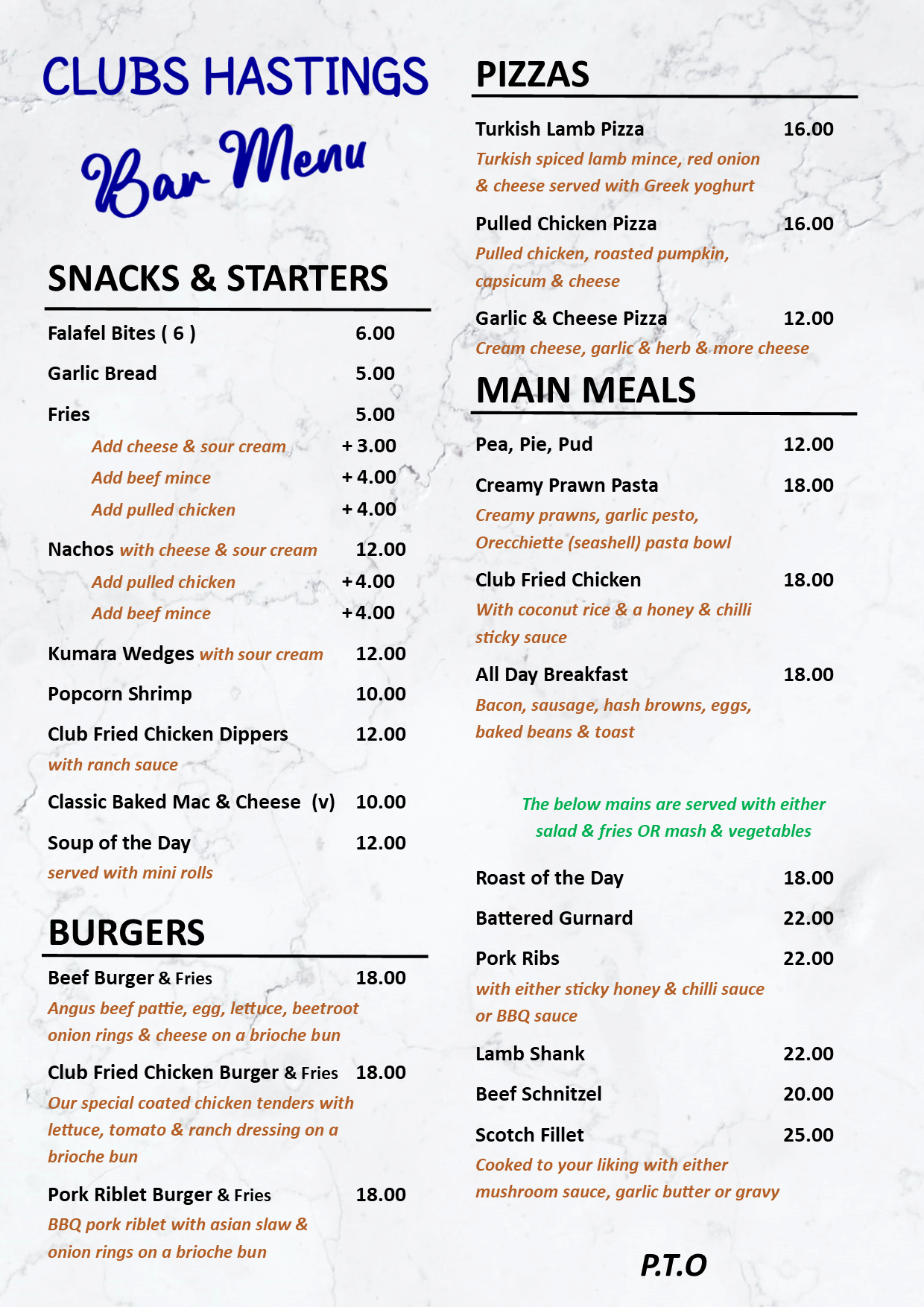 A la Carte Menu Hastings RSA